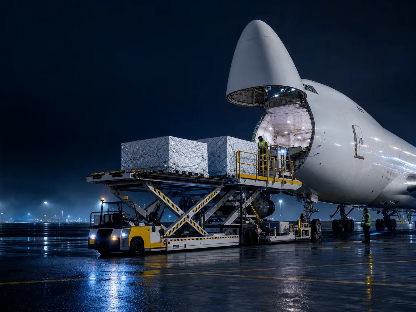 Cargo aircraft being loaded at night