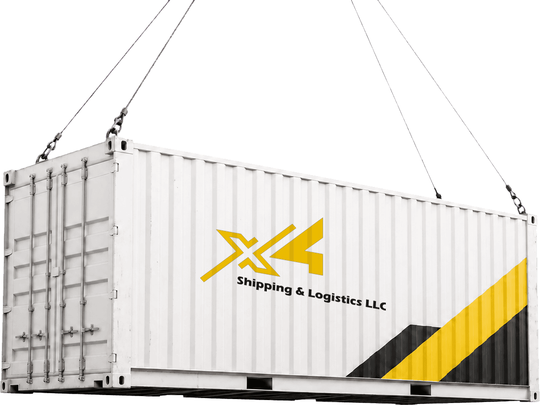 A white freight container with a perspective-matched yellow and black X4 livery, suspended by crane cables