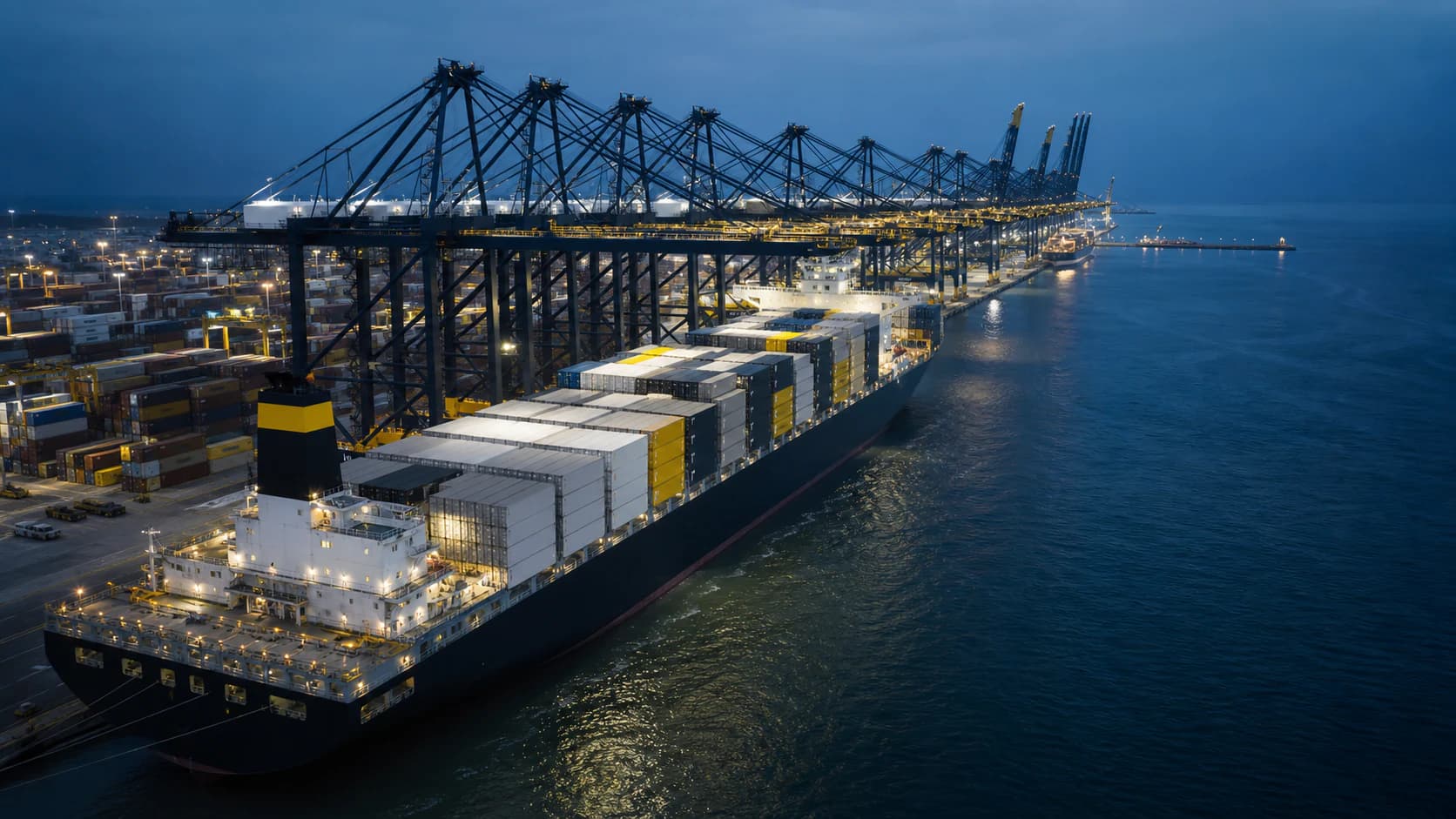 Ocean freight vessel alongside port cranes