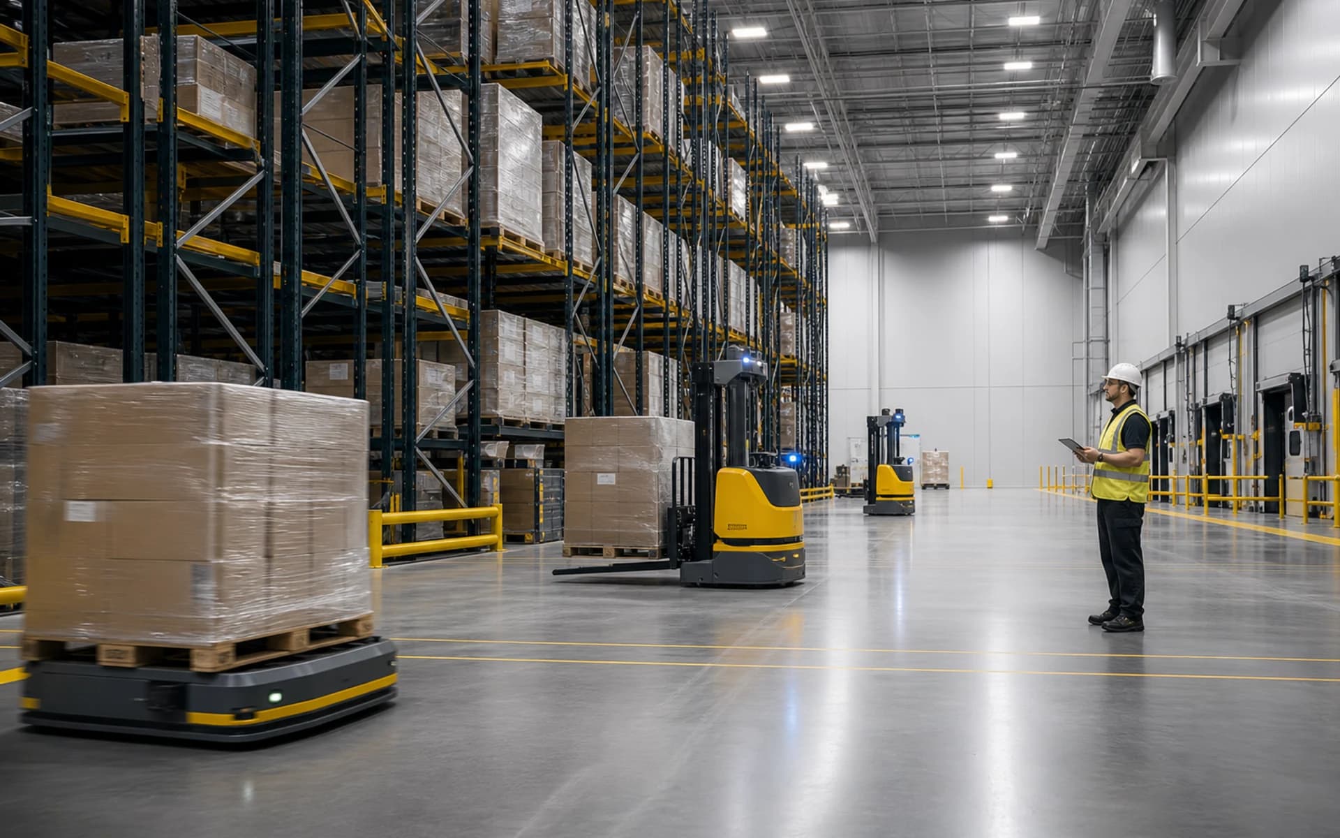 Modern distribution warehouse with pallet racking and automated handling equipment